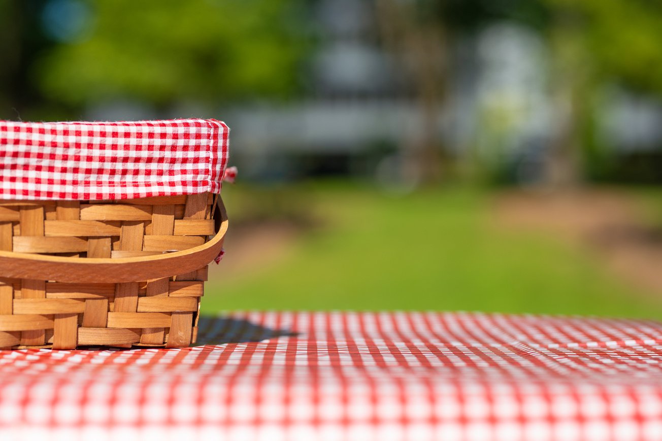 picnic basket checkered with picnic tablecloth